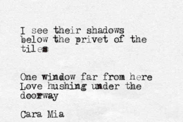 I see their shadows below the privet of the tiles One window far from here Love hushing under the doorway Cara Mia