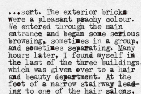 ...sort. The exterior bricks were a pleasant pa e rachy colour. We entered through the main entrance and began some serious browsing, sometimes in a group, and sometimes separating. Many hours later, I found myself in the last of the three buildings, which was given over to a hair and beauty department. At the foot of s a narrow stairway leas d d- ing to one of the hair salons, 