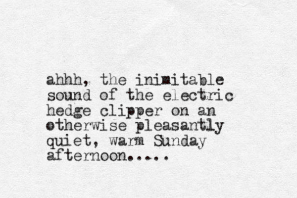 ahhh, the inimitable sound of the electric hedge clipper on an otherwise pleasant ly quiet, warm Sunday afternoon.....