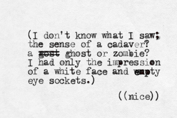 (I don't know what I saw; the sense of a cadaver! ? a gost ==== ghost or zombie z ? I had only the impression of a white face and wnoty eye sockets.) emp e ((nice)) 