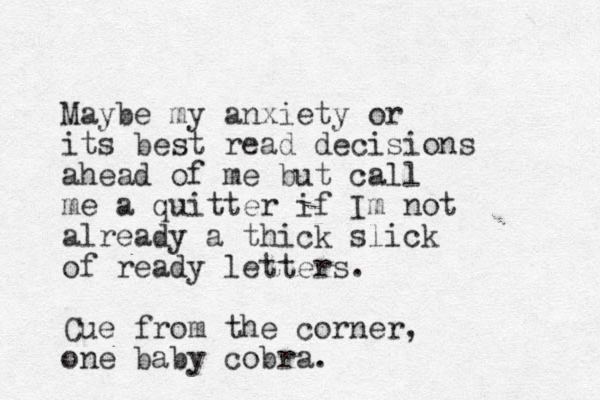 Maybe my anxiety or its best read decisions ahead of me but call me a quitter if Im not already a thick slick of ready letters. Cue from the corner, one baby cobra.