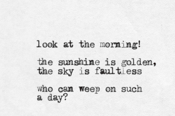 look at the morning! the sunshine is golden, the sky is faultless who can weep on such a day?
