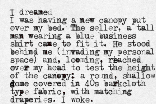 I dreamed I was having a new canopy put over my bed. The seller, a tall man wearing a blue business shirt came to fit it. He stood behind me (invading my personal space) and , looming, ri e eached over my head to test the height of the canopy: a round, shallow go d d me covered in 40s barkcloth type fabric, with matching draperies. I woke.