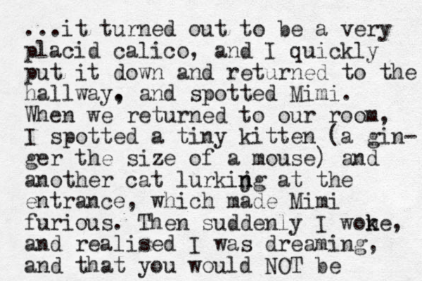 ...it turned out to be a very placid calico, and I quickly put it down and returned to the hallway. , and spotted Mimi. When we returned to our room, I spotted a tiny kitten (a gin- ger the size of a mouse) and another cat lurkijg n n at the entrance, which made Mimi furious. Then suddenly I wone k k , and realised I was dreaming, and that you would NOT be 
