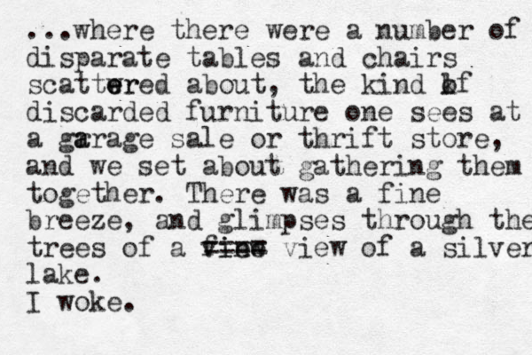 ...where there were a number of disparate tables and chairs scattwr e e ered about, the kind kf o l discarded furniture one sees at a gr a arage sale or thrift store, and we set about gathering them together. There was a fine breeze, and glimpses through the trees of a fine view ==== view of a silver lake. I woke.