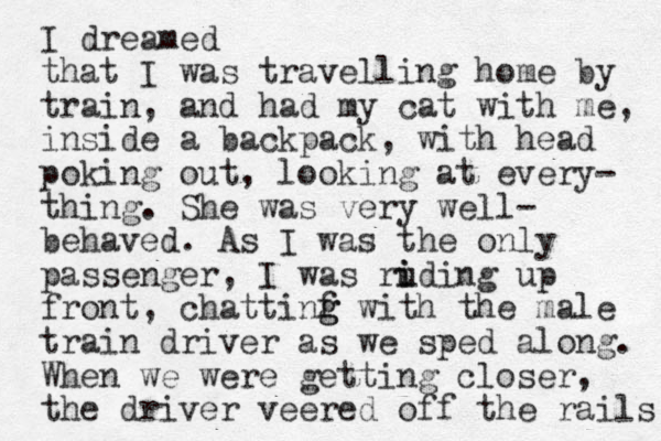 I dreamed that I was travelling home by train, and had my cat with me, inside a backpack, with head poking out, looking at every- thing. She was very well- behaved. As I was the only passenger, I was ruding i i up front, chattinf g g with the male train driver as we sped along. When we were getting closer, the driver veered off the rails 