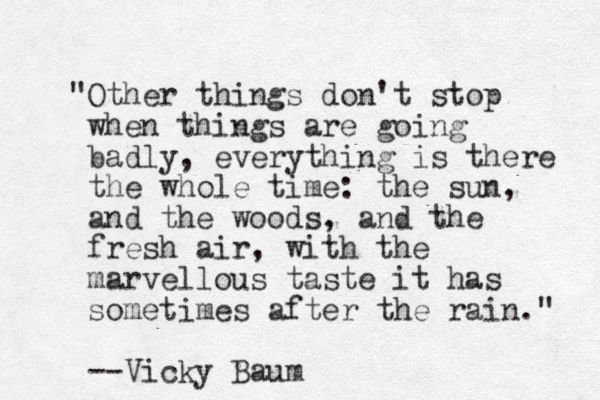 "Other things don't stop when things are going badly, everything is there the whole time: the sun, and the woods, and the fresh air, with the marvellous taste it has sometimes after the rain." --Vicky Baum