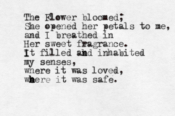 The Flower bloomed; She opened her petals to me, and I breathed in Her sweet fragrance. i I It filled abd n n n inhabited my senses, where it was loved, we h h h here it was safe.