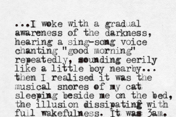 ...I woke wi th a gradual awareness of the darkness, hearing a sing-song voice chanting "good morning" repeatedly, sounding eerily like a little boy nearby... then I realised it was the musical snores of my cat sleeping beside me on the bed. , the illusion dissipatinf g g with full wakefulness. It was 3am. 