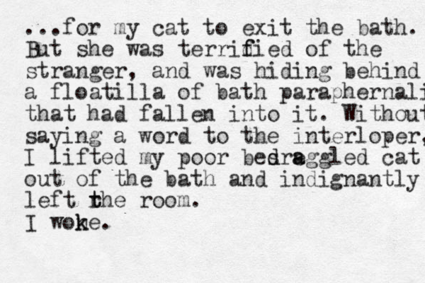 ...for my cat to exit the bath. But she was terridied f f of the stranger, and was hiding behind a floatilla of bath paraphernalia that had fallen into it. Without saying a word to the interloper, I lifted my poor bes d dre a aggled cat out of the bath and indignantly left rhe room. t t I wone. k k
