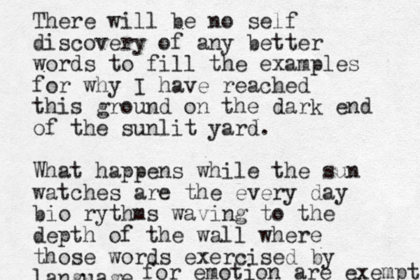 There will be no self discovery of any better words to fill the examples for why I have reached this ground on the dark end of the sunlit yard. What happens while the sun watches are the every day bio rythms waving to the depth of the wall where those words exercised by language for emotion are exempt 