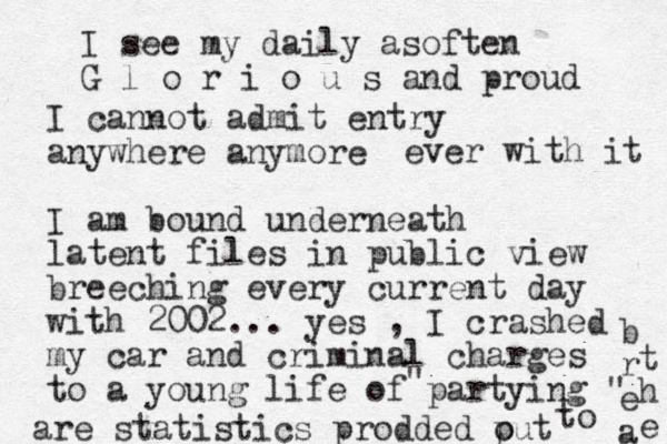 I cannot admit entry anywhere anymore I am bound underneath latent files in public view breeching every current day with 2002... yes , I crashed my car and criminal charges to a young life of partying " " are statistics prodded put o to b r e a t h e I see my daily asoften G l o r i o u s and proud ever with it 