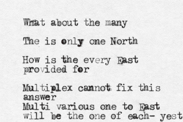 What about the many The is only one North How is the every East provided for Multiplex cannot fix this answer Multi various one to East will be the one of each- yest 