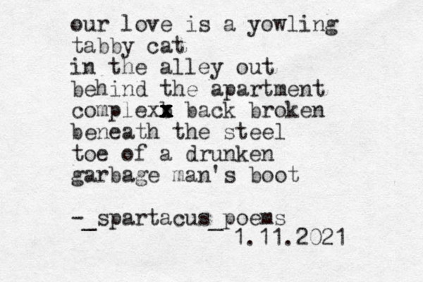 our love is a yowling tabby cat in the alley out behind the apartment complexb x x x x x x back broken beneath the steel toe of a drunken garbage man's boot -_spartacus_poems 1.11.2021