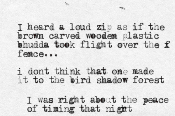 I heard a loud zip as if the brown carved wooden plastic bhudda took flight over the f x fence... i dont think that one made it to the bird shadow forest I was right about the peace of timing that nigr ht
