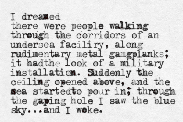 I dreamed there were people walking through the corridors of an undersea faciliry, along rudimentary metal gamgplanks; it hadthe look of a military installation. Suddenly the ceiling opened above, and the sea startedto pour in; through the gaping hole I saw the blue sky...and I woke.