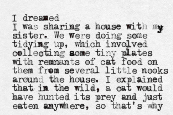 I dreamed I was sharing a house with mu sister. We were doing some tidying up, which involved collecting aome s s tiny plates with remnants of cat food on them from several little nooks around the house. I explained that in the wild, a cat would have hunted its prey and just eaten anywhere, so that's why y y 