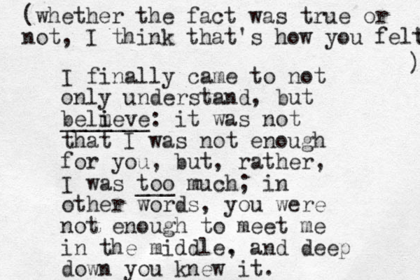 I finally came to not only understand, but believe m i _______: it was not that I was not enough for you, but , rather, I was too much; ___ in other words , you were not enough to meet me in the middle. , and deep down you knew it. (whether the fact was true or not, I think that's how you felt t ) 
