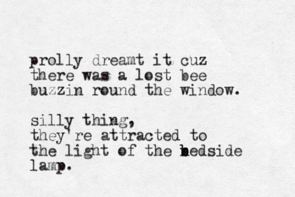 prolly dreamt it cuz there was a lost bee buzzin round the window. silly thing, they're attracted to the light of the n b bedside lamp.