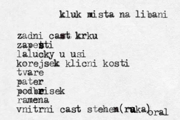 kluk mista na libani zadni cast krku zapet s s s sti lalucky u usi korejsek klicni kosti tvare pater podbeisek r r r r ramena vnitrni cast stehen(raka u u u u ) oral 