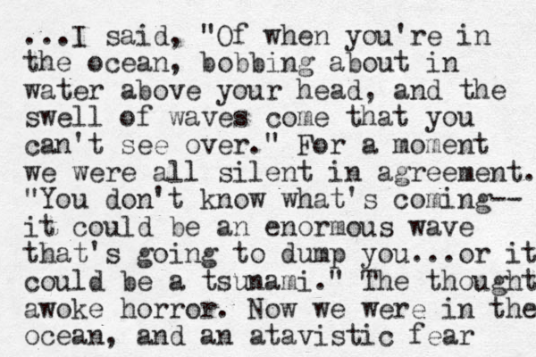 ...I said, "Of when you're in the ocean, bobbing about in water above your head, and the swell of waves come that you can't see over." For a moment we were all silent in agreement. "You don't know what's coming-- it could be an enormous wave that's going to dump you...or it could be a tsunami." The thought awoke horror. Now we were in the ocean, and an atavistic fear 