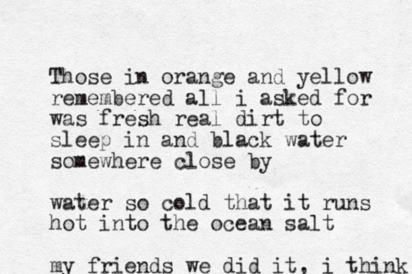 Those in orange and yellow remembered all i asked for was fresh real dirt to sleep in and black water somewhere close by water so cold that it runs hot into the ocean salt my friends we did it, i think 