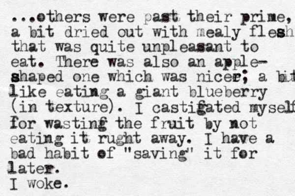 ...others were past their prime, a bit dried out with mealy fleah s s that was quite unpleasant to eat. There was also an apple- ahaped s s one which was nicee r r; a but it like eating a giant blueberry (in texture). I I castif g gated myself f for wastinf g the fruit by not eating it rught away. I have a bad habit of "saving" it for later. I woke.