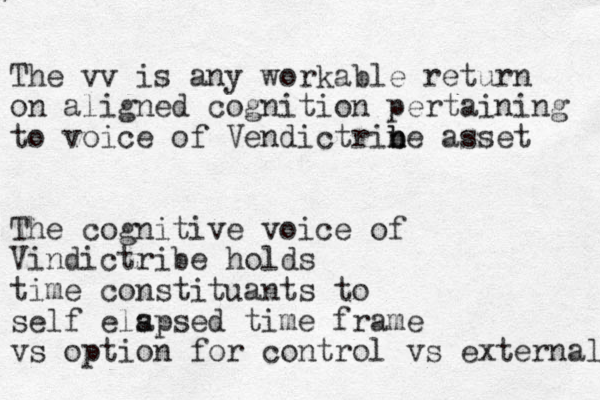 The vv is any workable return on aligned cognition pertaining to voice of Vendictrin n b be asset The cognitive voice of Vindictribe holds time constituants to self els apsed time frame vs option for control vs external 