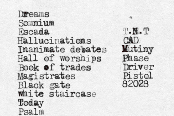 Dreams Somnium Escada Hallucinations Inanimate debates Hall of worships Book of trades Magistrates Black gate white staircase t Today Psalm T.N.T CAD Mutiny Phase Driver Pistol 82028 