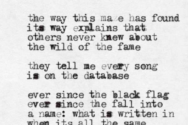 the way this maze has found its way explains that others never knew about the wild of the fame they tell me every song is on the database ever since the black flag ever since the fall into a name: what is written in when its all the same