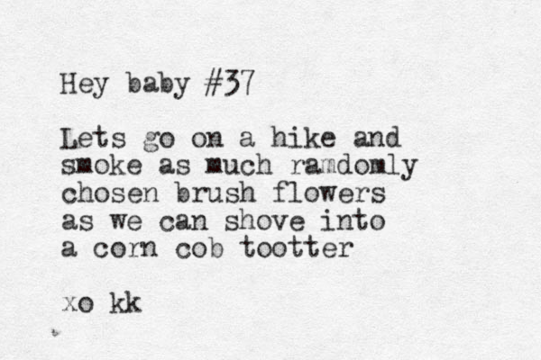 Hey baby #37 Lets go on a hike and smoke as much ramdomly chosen brush flowers as we can shove into a corn cob tootter xo kk