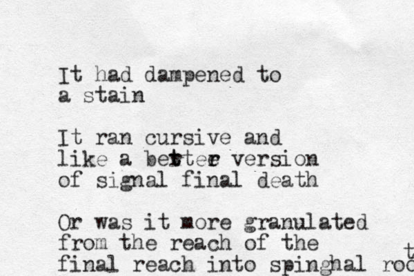 It had dampened to a stain It ran cursive and like a ber t ttee r r version of signal final death Or was it more granulated from the reach of the final reach into spinghal root t 