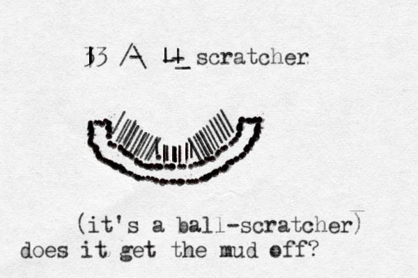 ..........................................................////////////|||||||.||\\\\\\\\\\ ...............................................................................................| 3 |3 /\ || scratcher ---_(it's a ball-scratcher) does it get the mud off?