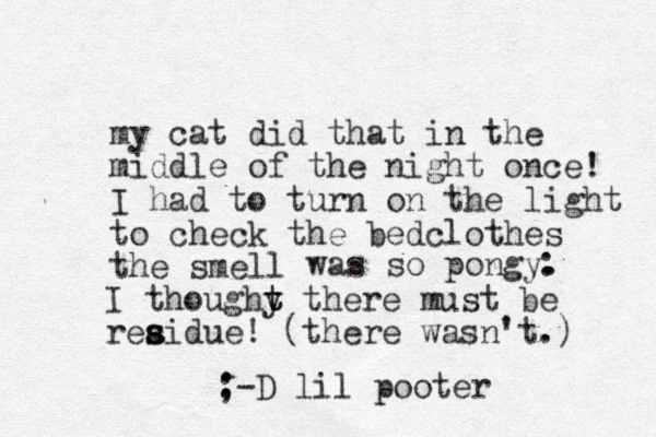 my cat did that in the middle of the night once! I had to turn on the light to check the bedclothes the smell was so pongy. I thoughy t t there must be reaidue! s s (there wasn't.) : ;-D : lil pooter