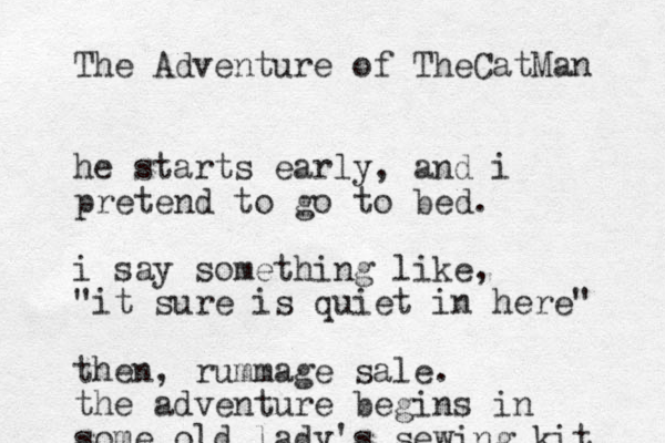 The Adventure of TheCatMan he starts early, and i pretend to go to bed. i say something like, "it sure is quiet in here" then, rummage sale. the adventure begins in some old lady's sewing kit 