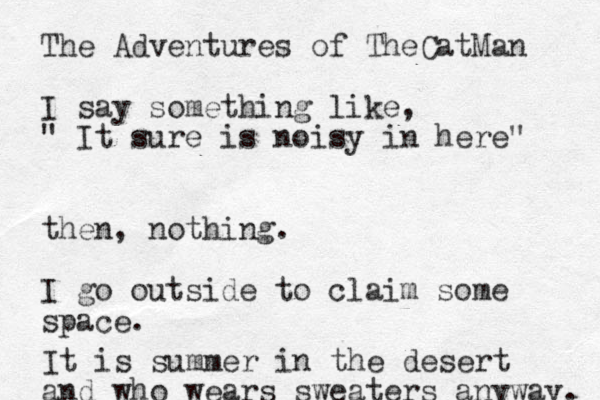 The Adventures of TheCatMan I say something like, " It sure is noisy in here" then, nothing. I go outside to claim some space. It is summer in the desert and who wears sweaters anyway. 
