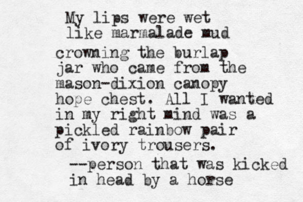 My lips were wet like marmalade mud crowning the burlap jar who came from the mason-dixion canopy hope chest. All I wanted in my right mind was a pickled rainbow pair of ivory trousers. --person that was kicked in head by a horse