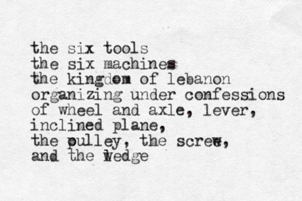 the six tools the six machines the kingdom of lebanon organizing under confessions of wheel and axle, lever, inclined plane, the oulley p , the scree w, and the ledge w