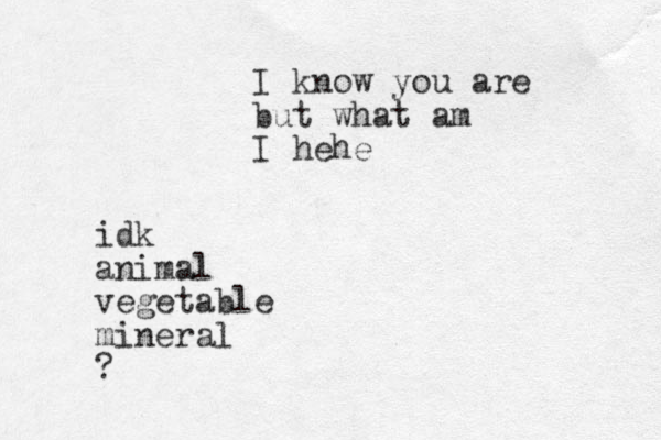 I know you are but what am I hehe idk animal vegetable mineral ?