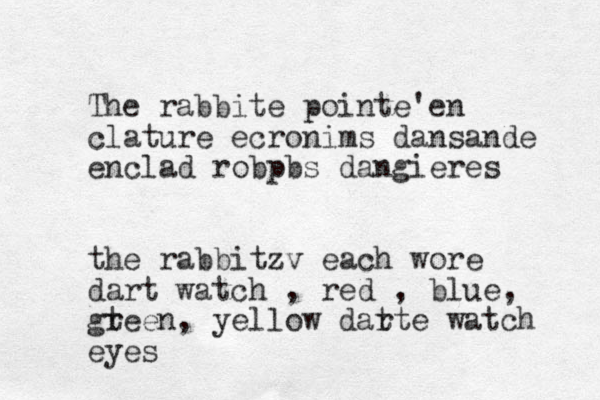 The rabbite pointe'en clature ecronims dansande enclad robpbs dangieres the rabbitzv each wore dart watch , red , blue, gteen r , yellow dat rte watch eyes