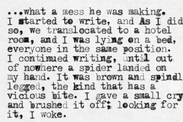 ...what a mess he was making. I started to write, and A s I did so, we translocated to a hotel room, and I was lying on a bed, everyone in the same position. I continued writing, until out of noe where a spider landed on my hand. It was brown and spindly legged, the c k kind that has a vicious bite. I gave a small cry and brushed it off; looking for it, I woke. 