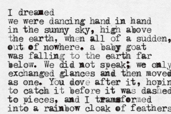I dreamed we were dancing hand in hand in the sunny sky, high above the earth, when all of a sudden, out of nowhere. a baby goat was falling to the earth far below. We did not speak; we only exchanged glances and then moved as one. You dove after it, hoping to catch it before it was dashed to pieces, and I tramsformed into a rainbow cloak of feathers 