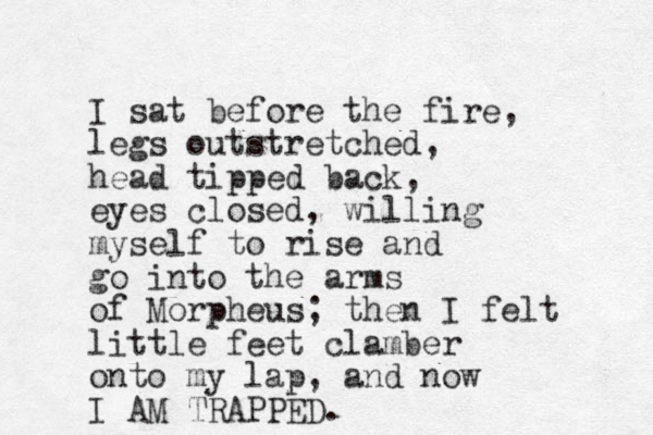 I sat before the fire, legs outstretched, head tipped back, eyes closed, willing myself to rise and go into the arms of Morpheus; then I felt little feet clamber onto my lap, and now I AM TRAPPED.