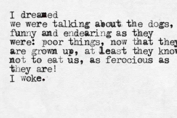 I dreamed we were talking about the dogs, funny and endearing as they were: poor things, now that they are grown up, at least they know not to eat us, as ferocious as they are! I woke.
