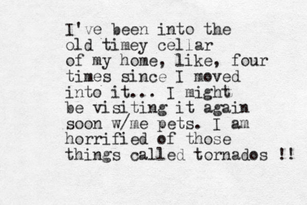 I've been into the old timey cellar of my home , like, four times since I moved into it... I might be visiting it again soon w/me pets. I am horrified of those things called tornados !! 