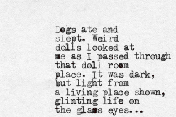 Dogs ate and slept. Weird dolls looked at me as I passed through that doll room place. It was dark, but light from a living place shown, glinting life on the glass eyes...