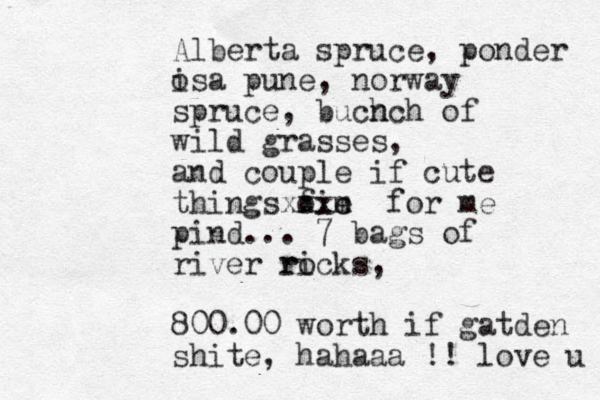 Alberta spruce, ponder isa o pune, norway spruce, buch nch of wild grasses, and couple if cute things fie m o xxxc for me pind... 7 bags of river ricks, ro 800.00 worth if gatden shite, hahaaa !! love u 