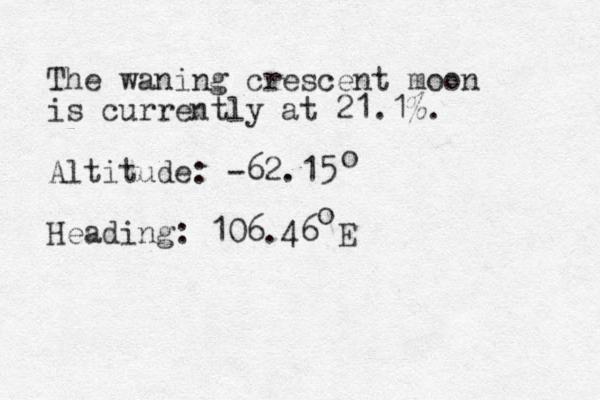The waning crescent moon is currently at 21.1%. Altitude: -62.15 Heading: 106.46 E o o 