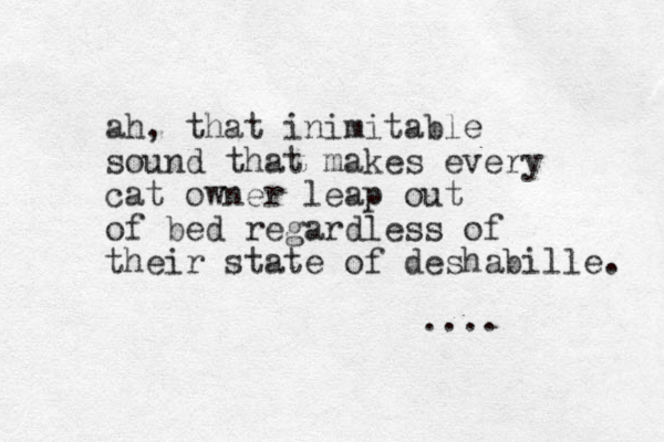 ah, that inimitable sound that makes every cat owner leap out of bed regardless of their state of deshabille. .... 