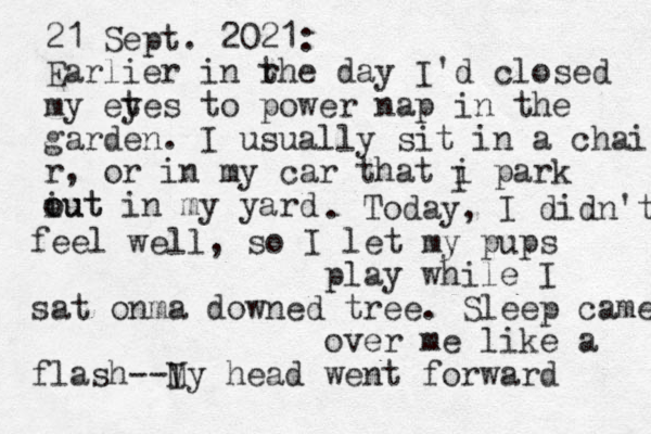 21 Sept. 2021: Earlier in r the day I'd closed my etes y to power nap in the garden . I usually sit in a chair, r, or in my car that i park iut o out in my yard I . Today, I didn't feel well, so I let my pups play while I m sat on a downed tree. Sleep came over me like a flash--I My head went forward 